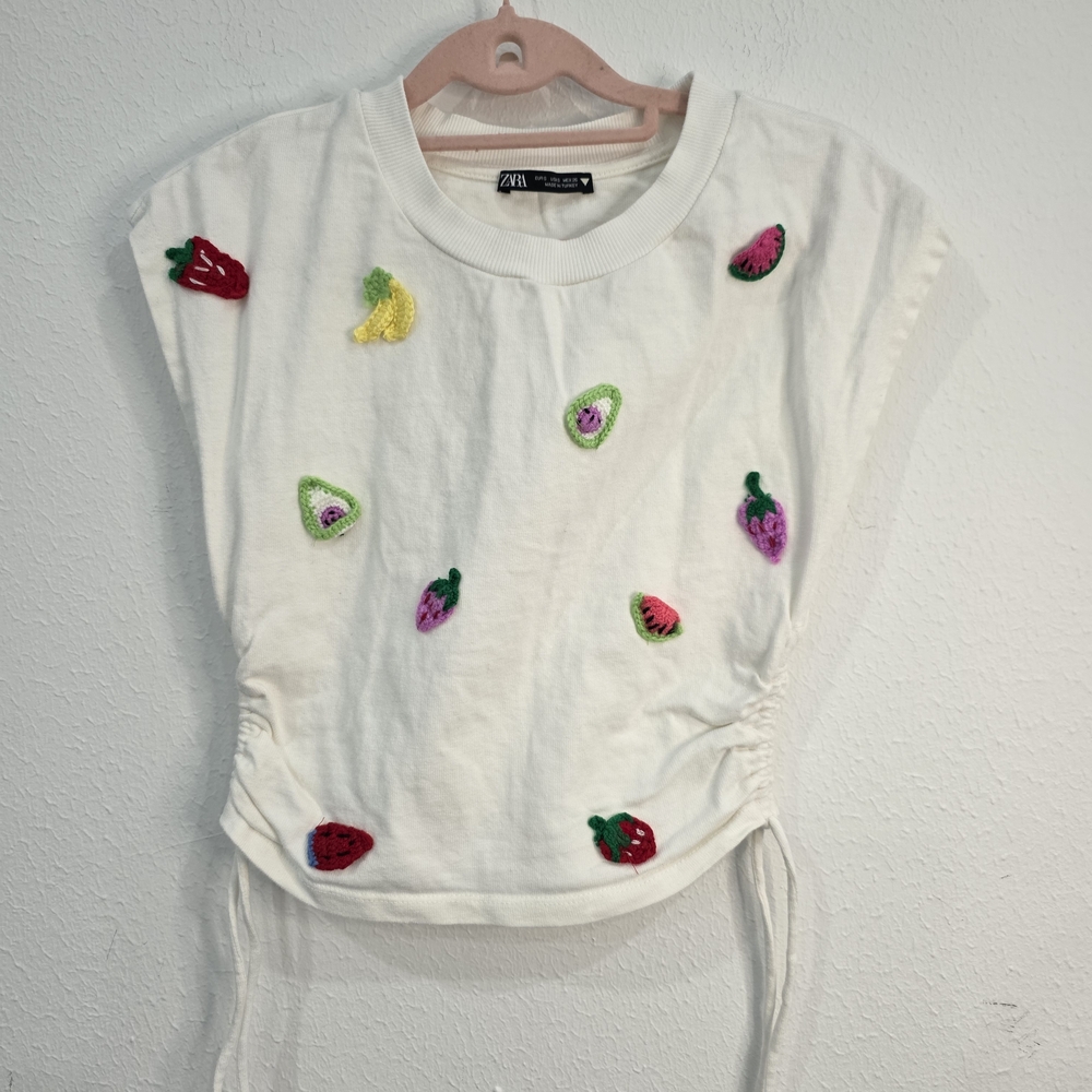 Zara White Fruit Embroidered Kids Top